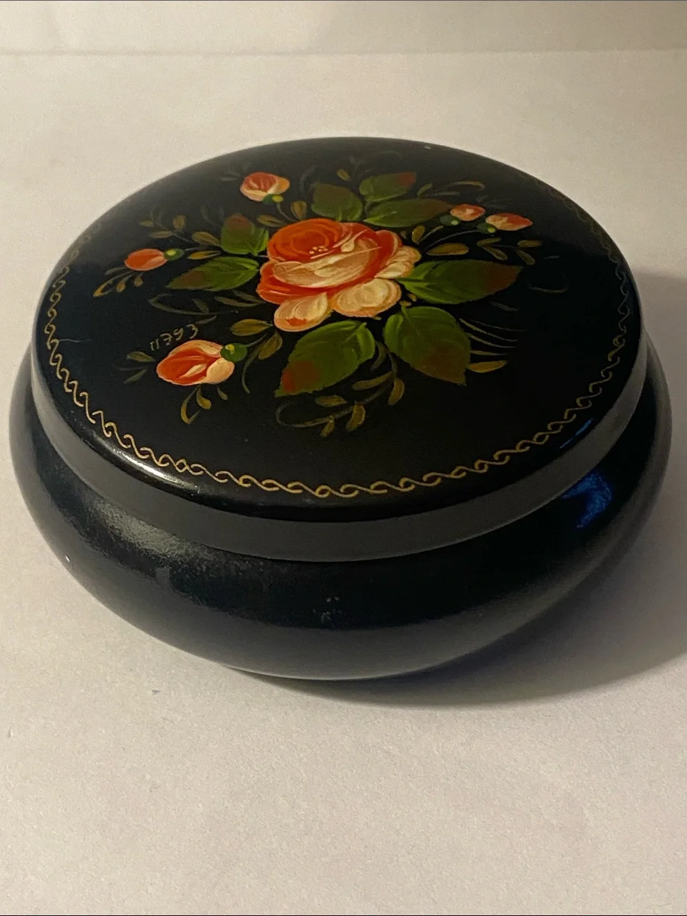 Vintage Russian Hand Painted Black Metal Tin Small Jewelry Trinket Box Floral